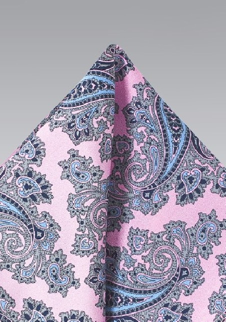 French Paisley Pocket Square in Pink and Blue