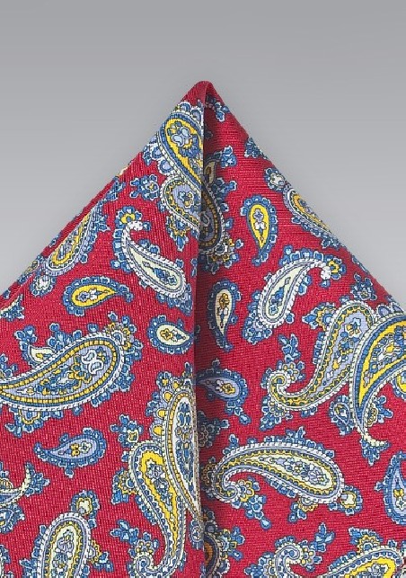 Red, Yellow, and Blue Paisley Silk Pocket Square