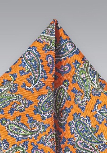 Tangerine Orange and Blue Paisley Pocket Square