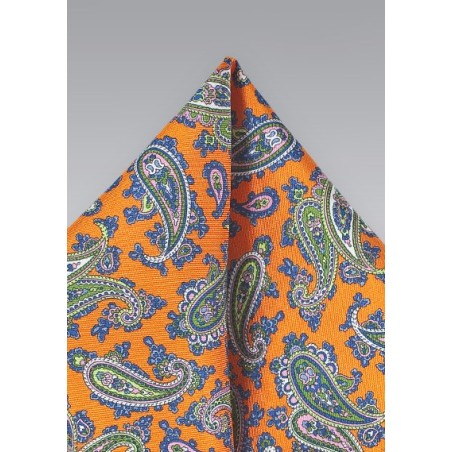 Tangerine Orange and Blue Paisley Pocket Square