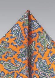 Tangerine Orange and Blue Paisley Pocket Square