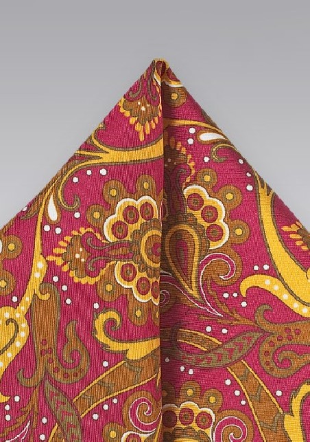 Bold Paisley Pocket Square in Coral and Gold
