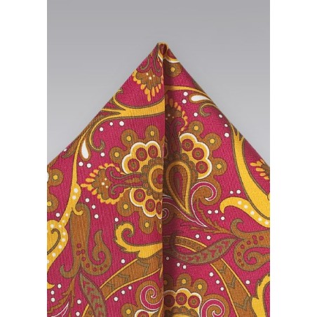 Bold Paisley Pocket Square in Coral and Gold