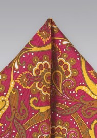 Bold Paisley Pocket Square in Coral and Gold