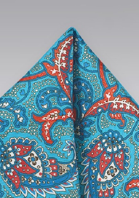 Paisley Print Pocket Square in Aqua and Orange