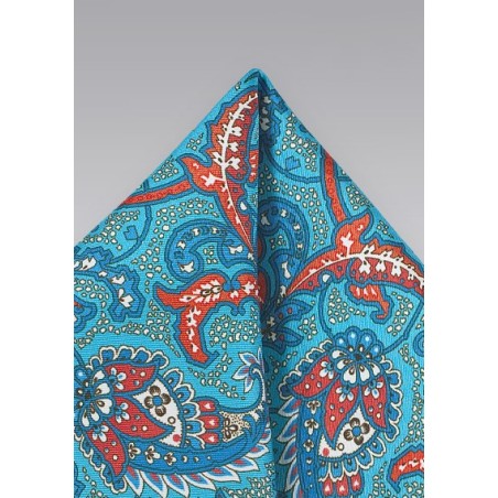 Paisley Print Pocket Square in Aqua and Orange