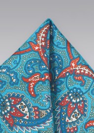 Paisley Print Pocket Square in Aqua and Orange