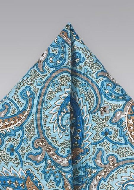 Aqua Blue and Silver Paisley Pocket Square