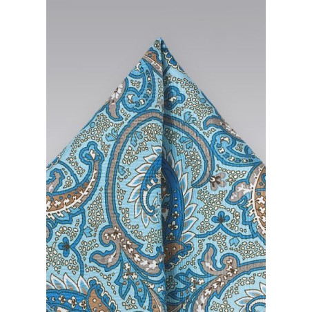 Aqua Blue and Silver Paisley Pocket Square