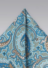 Aqua Blue and Silver Paisley Pocket Square