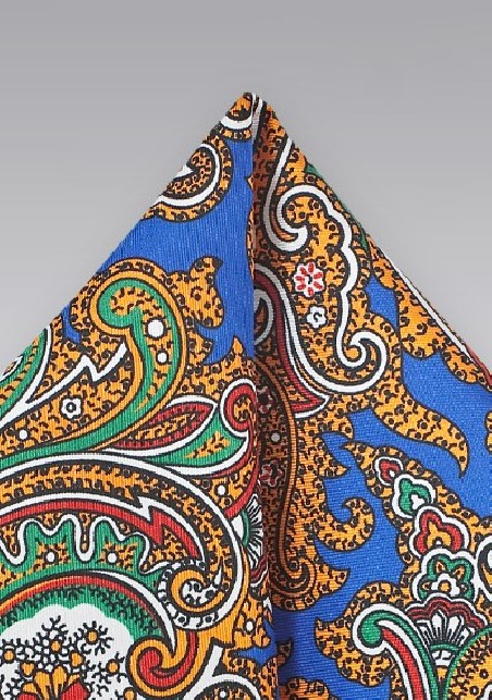 Spanish Paisley Pocket Sqaure in Blue, Green, Yellow, Orange