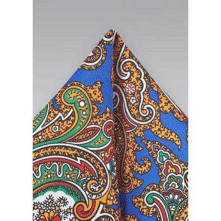 Spanish Paisley Pocket Sqaure in Blue, Green, Yellow, Orange