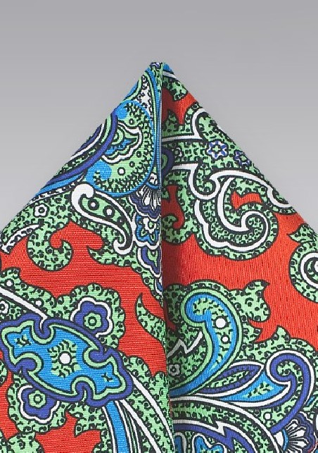 Orange, Green, Turquoise, and Blue Paisley Pocket Square