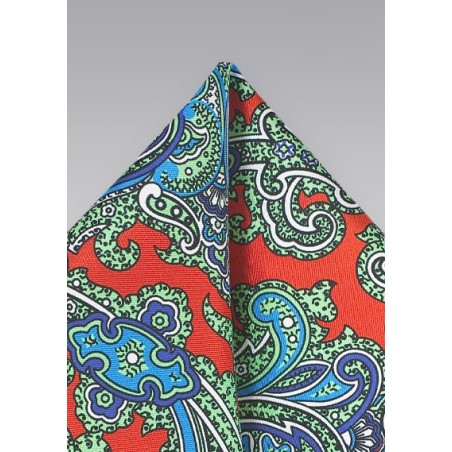 Orange, Green, Turquoise, and Blue Paisley Pocket Square