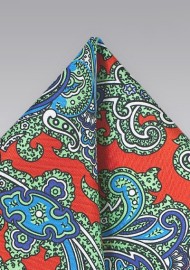 Orange, Green, Turquoise, and Blue Paisley Pocket Square