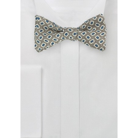Vintage Print Wool Bow TIe in Olive and Blue