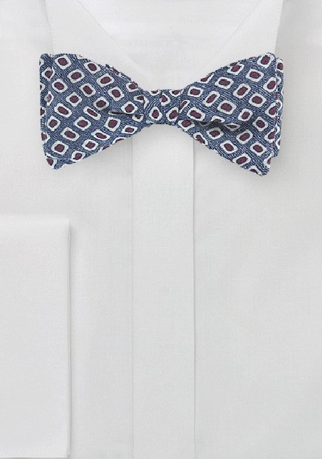 Vintage Print Wool Bow Tie in Indigo, White, and Red