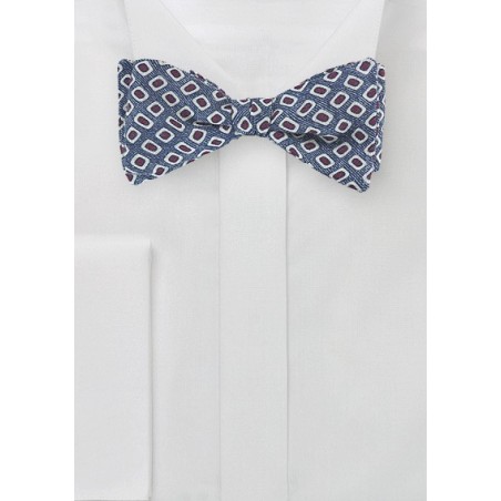 Vintage Print Wool Bow Tie in Indigo, White, and Red