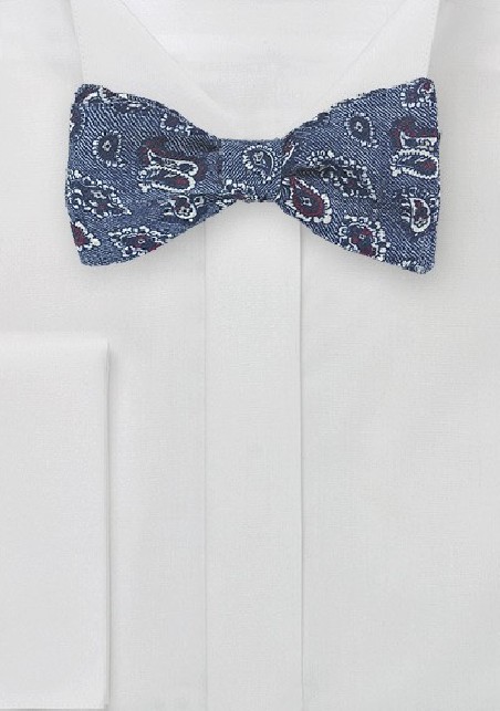 Wool Paisley Bow Tie in Denim Blue