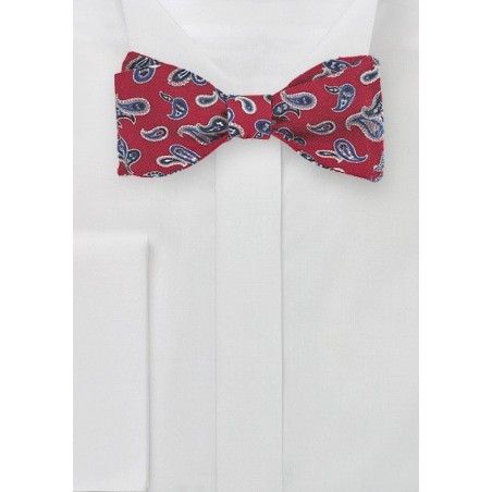 Cherry Red and Blue Wool Bow Tie