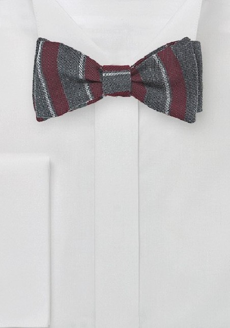 Wool Striped Bow Tie in Gray and Burgundy