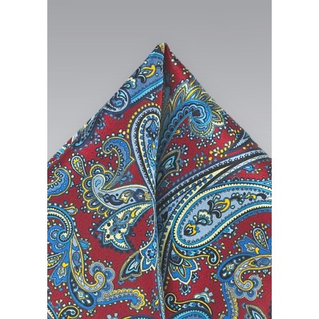 Elegant Paisley Print Pocket Square in Red, Blue, Yellow