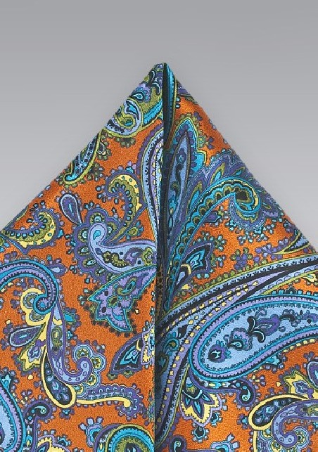 Cognac, Purple, and Blue Paisley Pocket Square