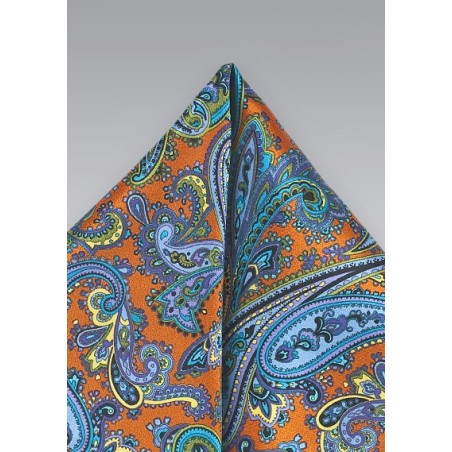 Cognac, Purple, and Blue Paisley Pocket Square