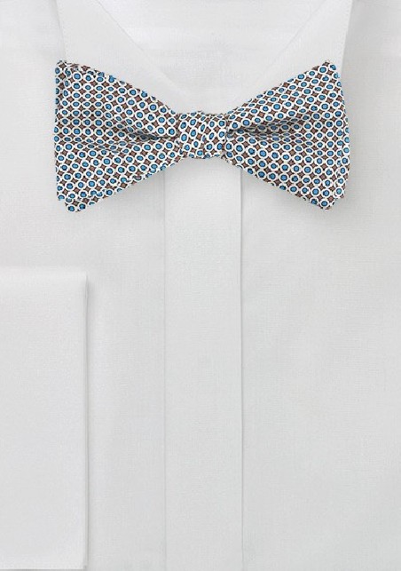 Geometric Print Silk Bow Tie in Silver and Blue