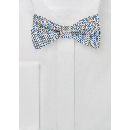 Geometric Print Silk Bow Tie in Blue, White, Yellow