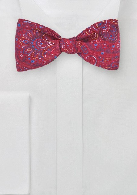 Italian Silk Paisley Bow Tie in Bright Red