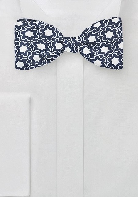 Modern Moroccan Print Bow Tie in Blue and White
