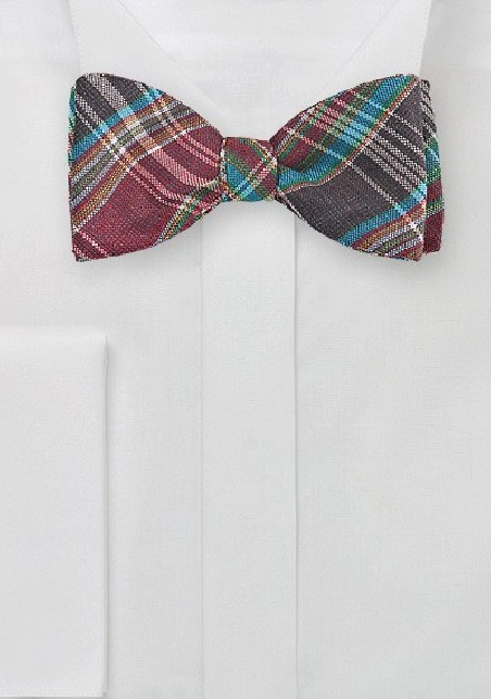 Autumn Madras Bow Tie in Burgundy, Brown, Aqua