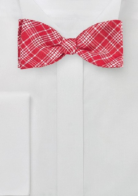 Bright Red Silk Bow Tie with Modern Plaid Design