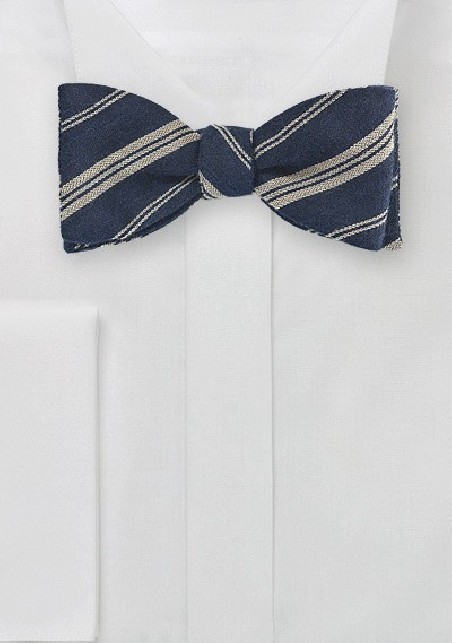 Wool Striped Bow Tie in Dark Navy and Beige