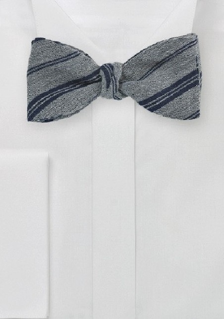 Wool Bow Tie in Gray with Navy Stripes