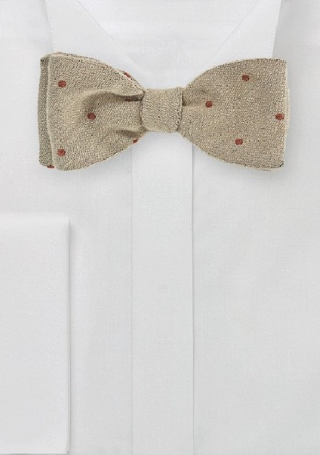 Sand Colored Wool Bow Tie with Red Dots