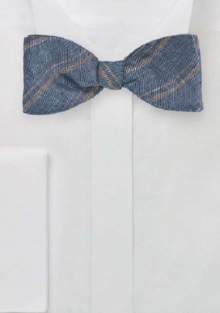 Steel Blue Linen Striped Bow Tie