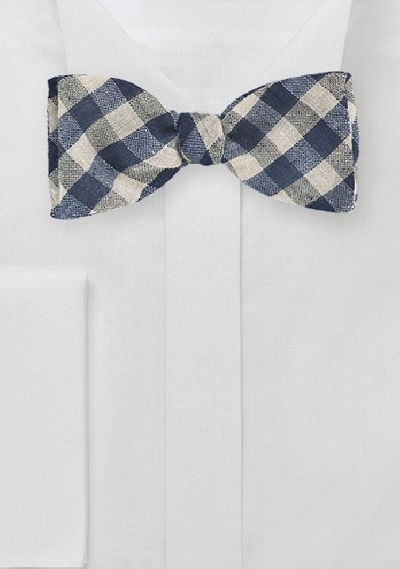 Gingham Check Bow Tie in Blue and Beige