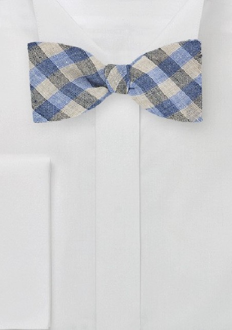 Light Blue and Tan Gingham Bow Tie