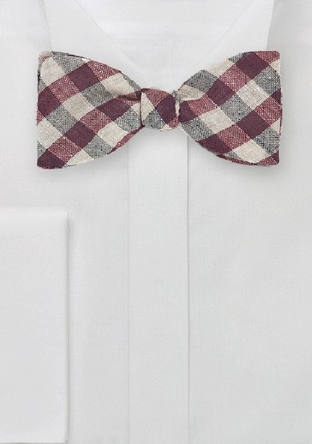 Gingham Wool Bow Tie in Wine Red and Tan