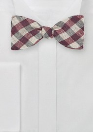 Gingham Wool Bow Tie in Wine Red and Tan