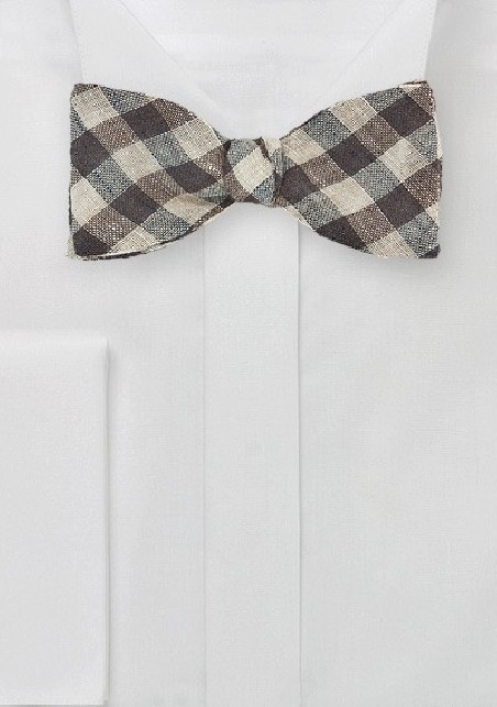 Wool Gingham Check Bow Tie in Brown
