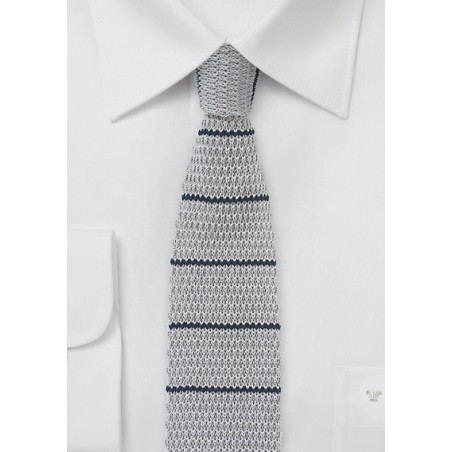 Cotton Knit Striped Tie in Gray and Navy