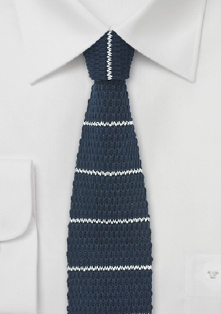 Knitted Cotton Tie in Navy with White Stripes