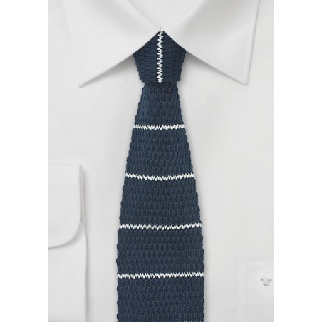 Knitted Cotton Tie in Navy with White Stripes