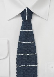 Knitted Cotton Tie in Navy with White Stripes