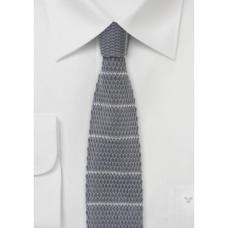 Cotton Knit Necktie in Gray and Silver