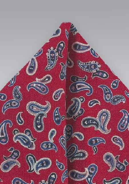Burgundy + Blue Paisley Patterned Pocket Square