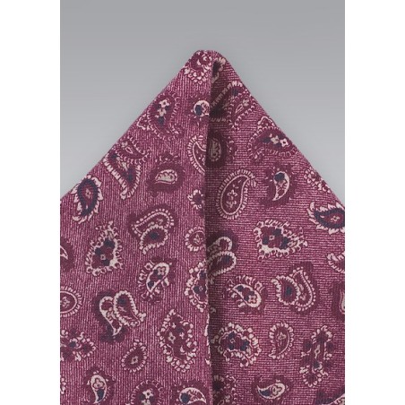 Wine Red Paisley Pocket Square in Wool
